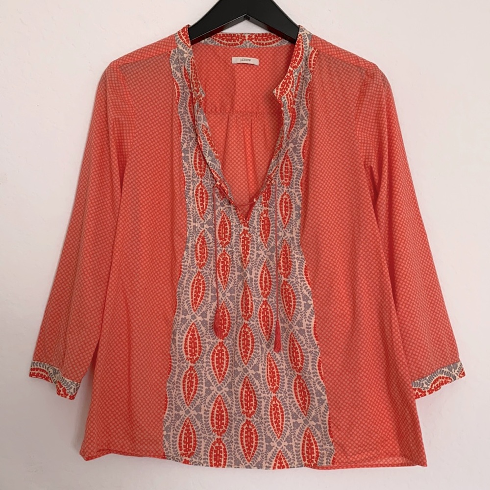 J. Crew - Neon Papaya Coral Dot Tassel Tie Tunic - Picture 2 of 6